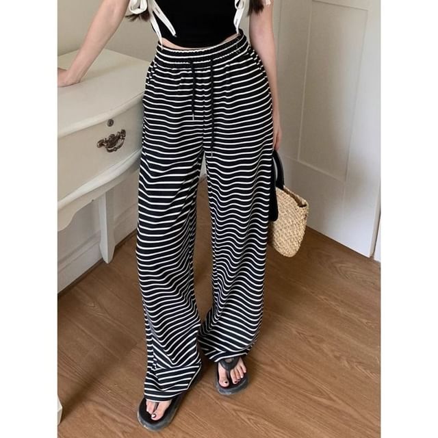 Dovitade-Drawstring Waist Striped Wide Leg Pants