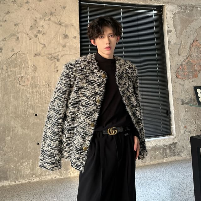 ravewider-Round Neck Tweed Button Jacket