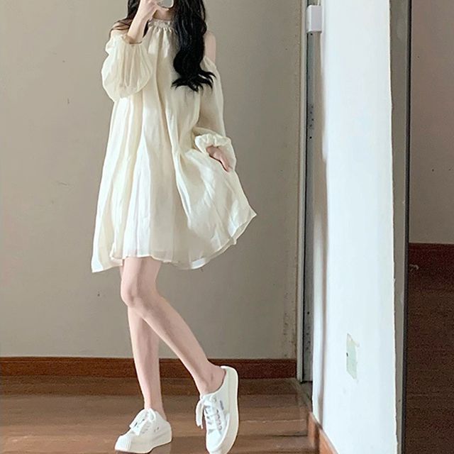 Hazie - Long-Sleeve Cold-Shoulder Plain Mini A-Line Dress | YesStyle