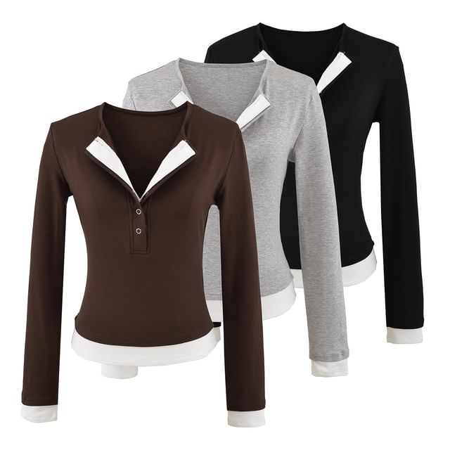 Asiris-Mock Two-Piece Long-Sleeve Two-Tone Henley Tee