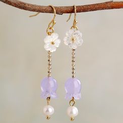 Kanzashi - 仿珍珠人造水晶花朵耳坠 Kanzashi - 仿珍珠人造水晶花朵耳坠