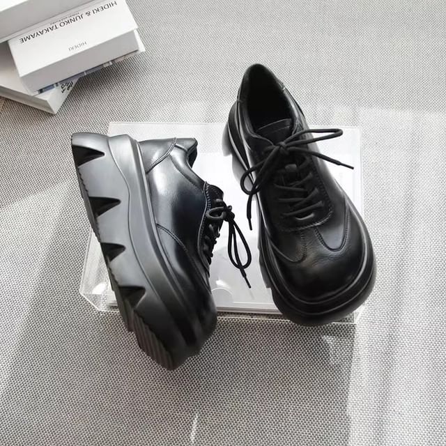 STEPUP-Platform Lace-Up Plain Faux Leather Shoes