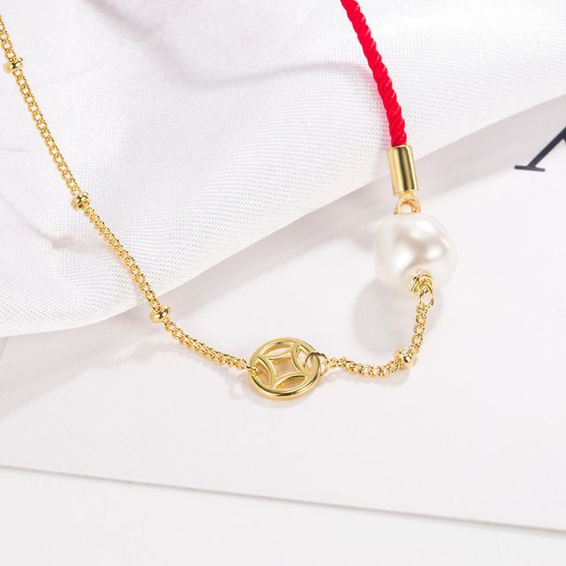Forainer-Faux Pearl Red String Bracelet