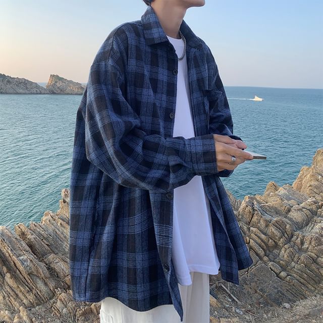 GRAYCIOUS-Long-Sleeve Plaid Shirt