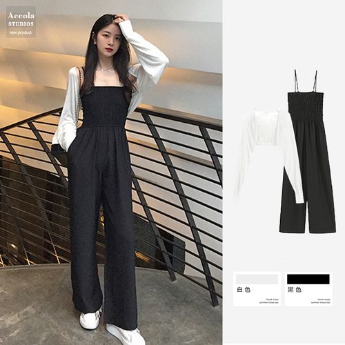 Accola Spaghetti Strap Wide Leg Jumpsuit Cropped Cardigan YesStyle