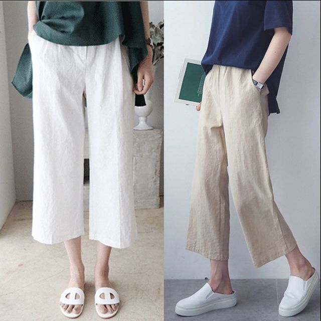 INEN-High Waist Plain Crop Wide Leg Pants