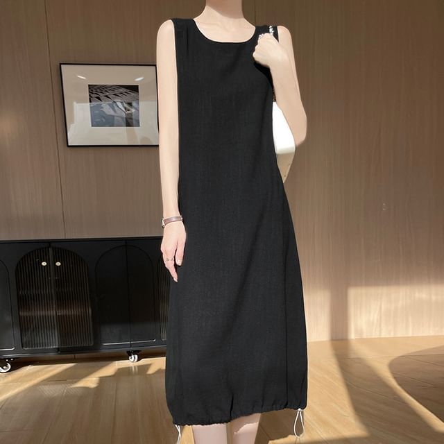 Weelop-Sleeveless Round Neck Plain Drawstring Midi A-Line Dress