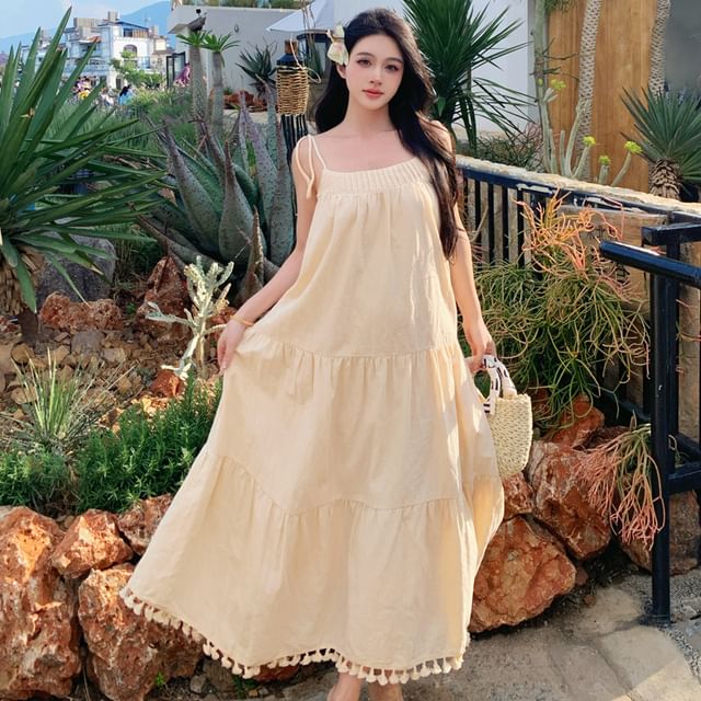 Moanum-Spaghetti Strap Fringed Plain Maxi A-Line Dress