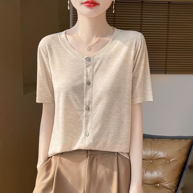 Weelop-Short-Sleeve Crew Neck Button-Up Plain Cardigan