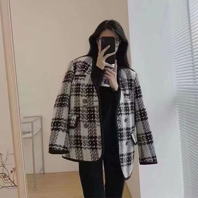 Everose-V-Neck Plaid Tweed Double Breasted Jacket