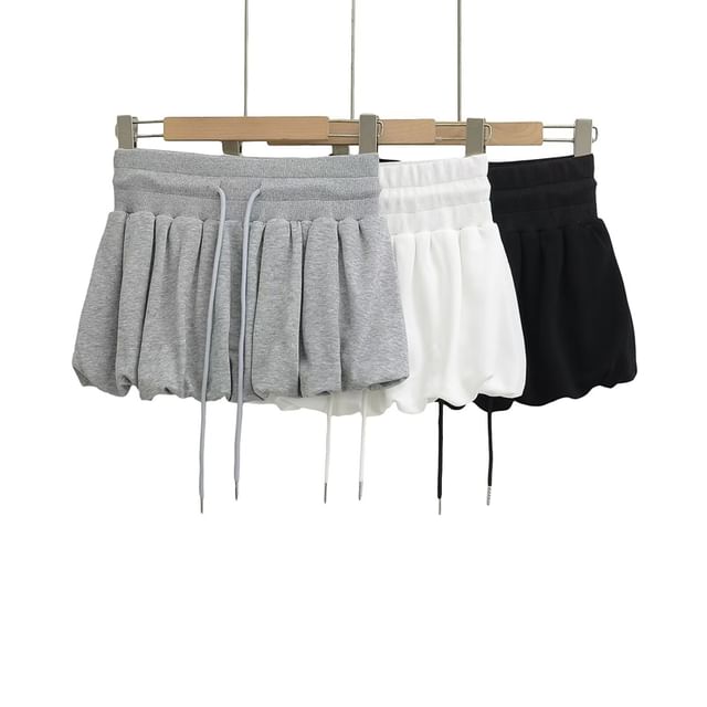 Ulark-Drawstring Waist Plain Bubble Mini Skirt