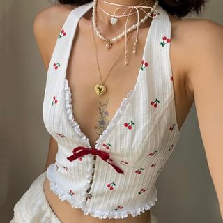 Bulgaris Halter V-Neck Lace-Trim Cherry Print Bow Accent Crop Vest Sale