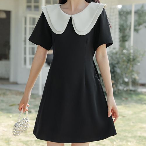 Rerise - Short-Sleeve Layered Contrast Collar Mini A-Line Dress | YesStyle