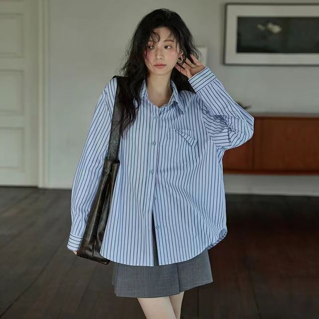 Everose-Long-Sleeve Striped Button-Up Shirt
