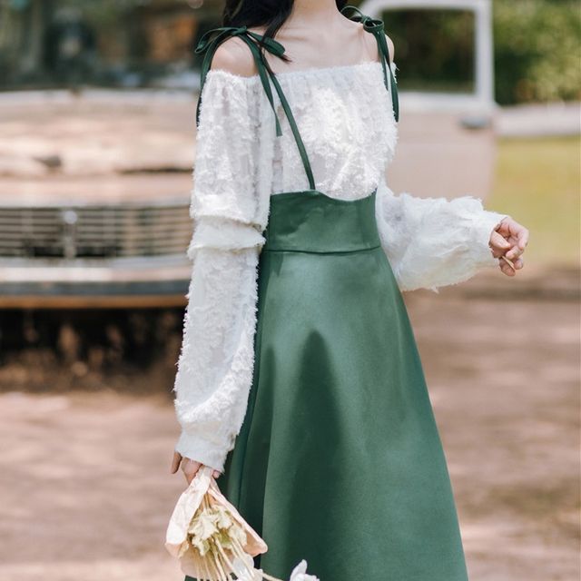 Set: Long-Sleeve Top Suspender Midi A-Line Skirt