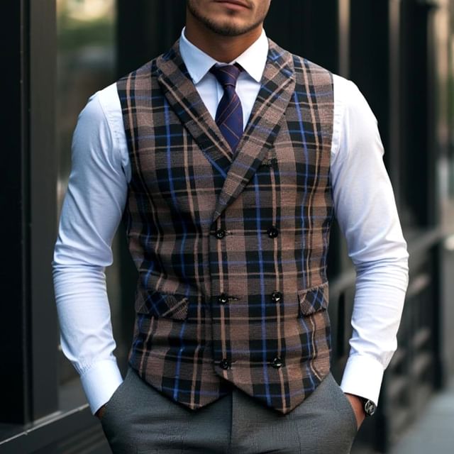 FORSETI-Lapel Collar Plaid Double Breasted Vest