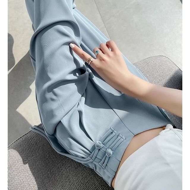 Dovitade-High Waist Plain Frog Buttoned Wide Leg Pants