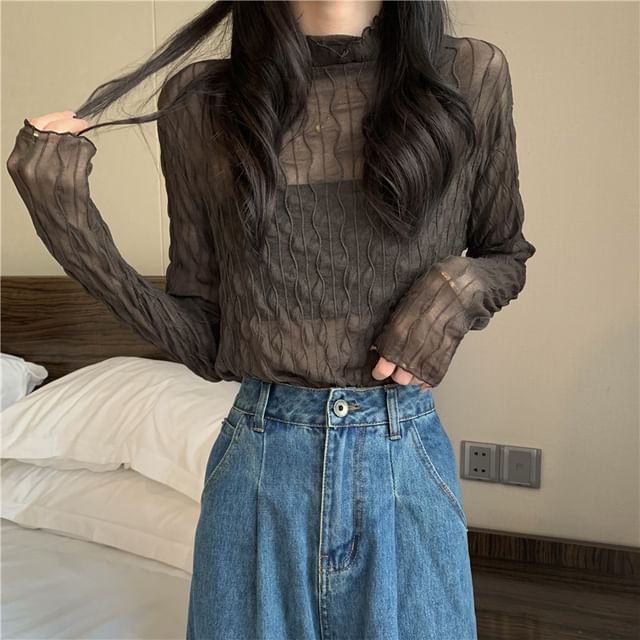 Acoustic Rain-Long Sleeve Turtleneck Plain Mesh Top