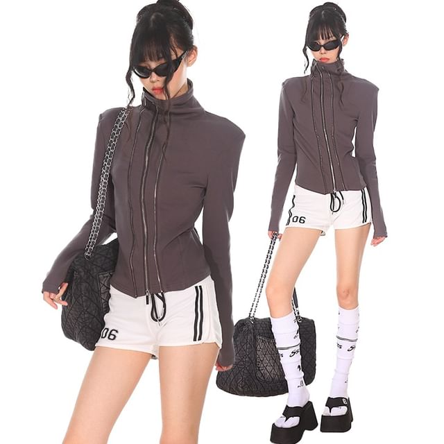 AXEN-Stand Collar Plain Multi-Zip Jacket