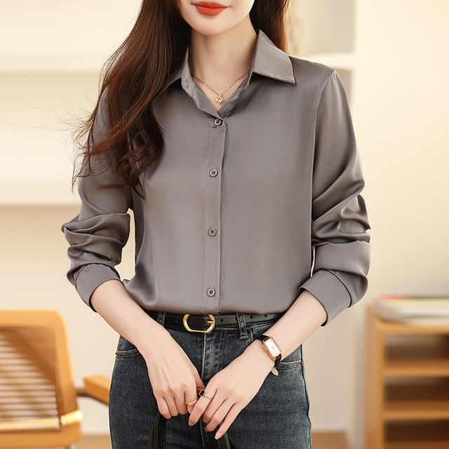 Yilda-Long-Sleeve Plain Satin Shirt