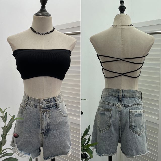 Allinya-Plain Padded Open Back Crop Tube Top