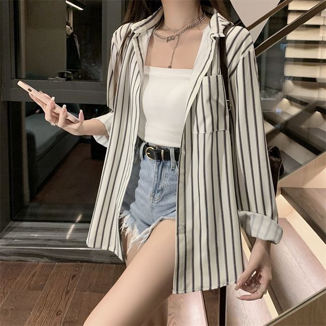 Everose-Long-Sleeve Collared Striped Shirt