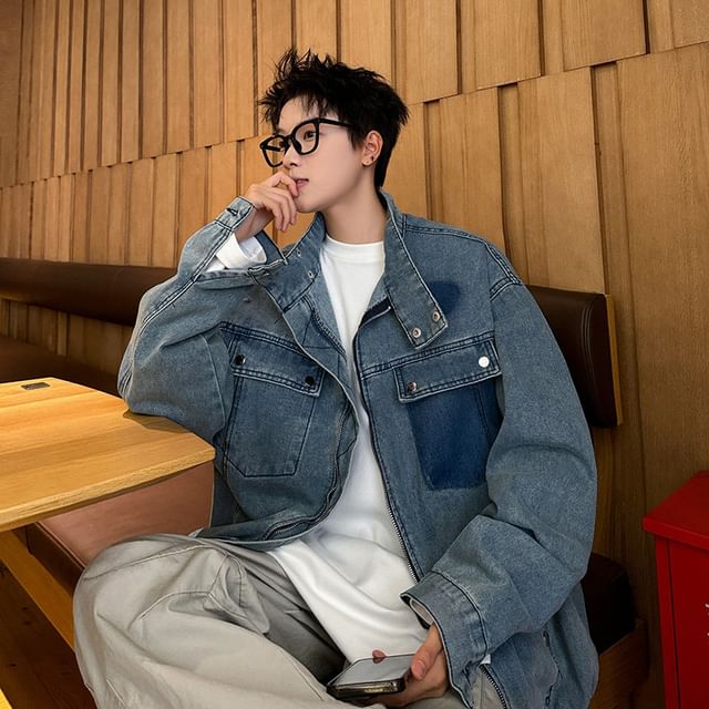 VEAZ - Stand Collar Washed Zip-Up Denim Jacket | YesStyle