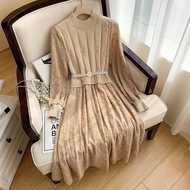 NINETTE - Long-Sleeve Mock Neck Faux Pearl Belted Plain Lace Midi A-Line Knit  Dress | YesStyle