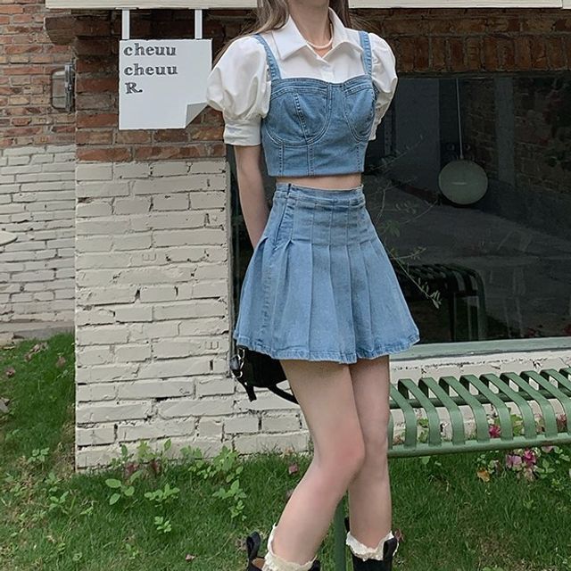 Secolo Denim Tank Top Denim Mini Pleated Skirt Ruffle Trim