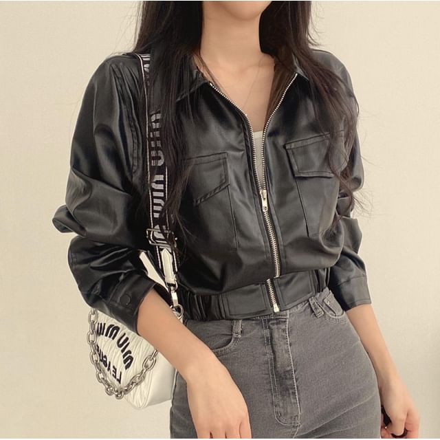 Coris-Collared Plain Faux Leather Zip Jacket