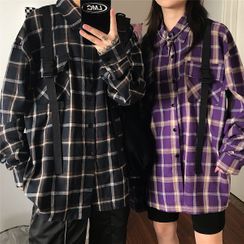 Porstina - Front Pocket Buckled Plaid Button-Down Shirt Porstina - Front Pocket Buckled Plaid Button-Down Shirt