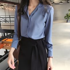 Bamela - Long-Sleeve Buttoned Open-Collar Chiffon Blouse Bamela - Long-Sleeve Buttoned Open-Collar Chiffon Blouse