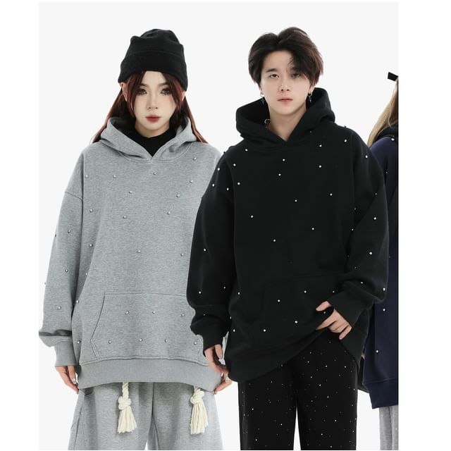 Banash-Couple Matching Plain Rhinestone Oversized Hoodie