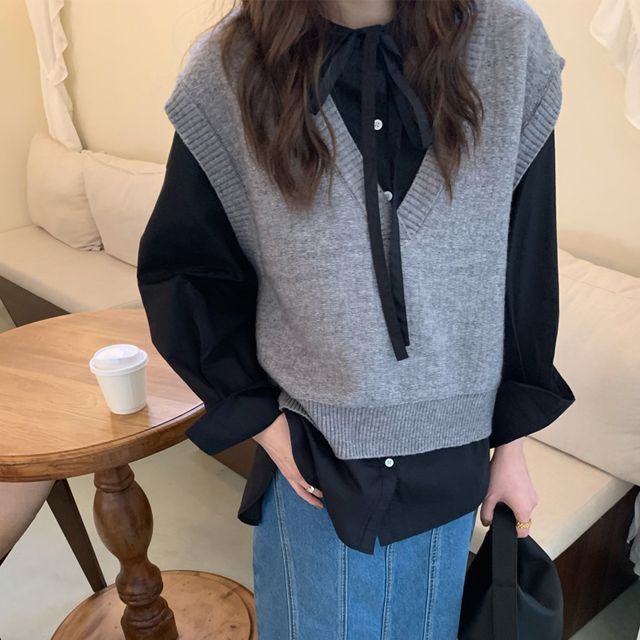 Everose-Long-Sleeve Tie-Neck Plain Blouse