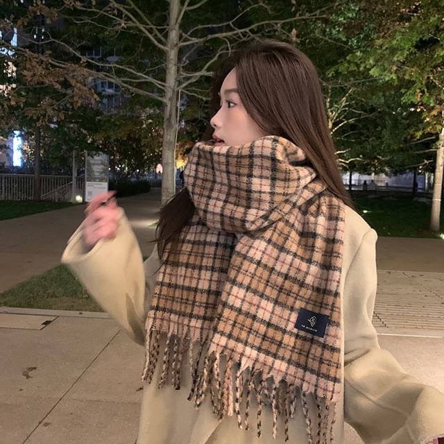 Combon-Plaid Fringed Scarf