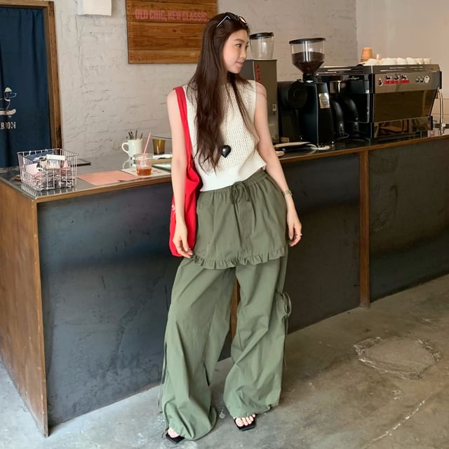 Dute-Crew Neck Plain Pointelle Knit Tank Top Drawstring Waist Ruffle Trim Skirt Overlay Baggy Pants Various Designs