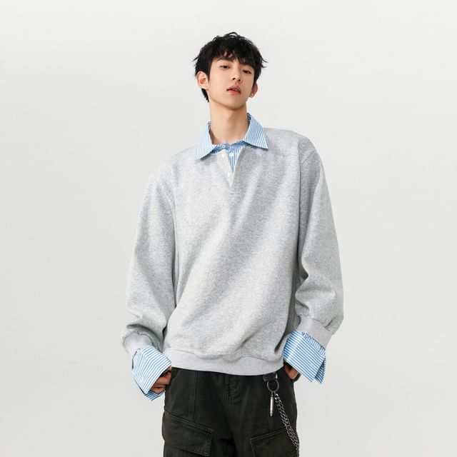Koiyua-Collared Striped Mock Two Piece Button Sweatshirt