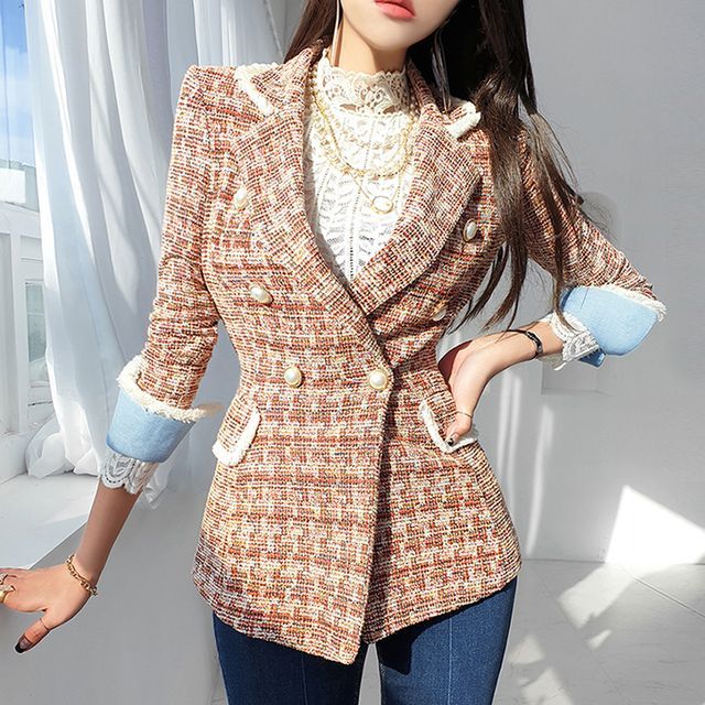 Arabesquito-Double Breasted Tweed Slim-Fit Blazer