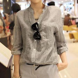 JVL-Plain Loose-Fit Cotton Linen Blouse