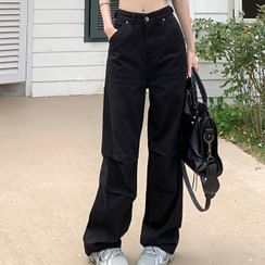 Pellie - Plain Contrast Trim Cropped Zip Jacket / Lettering Bodysuit Top /  Mid Waist Plain Wide Leg Cargo Pants