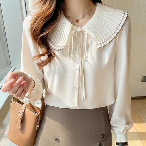 Quekinipon - Long-Sleeve Wide Collar Chiffon Blouse | YesStyle