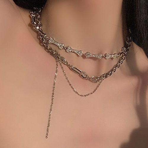 Wandoli - Rhinestone Bone Choker / Layered Chain Necklace / Set