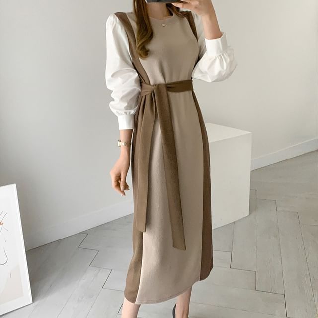 Tulstrix-Long-Sleeve Round Neck Color Block Panel Knit Midi A-Line Dress