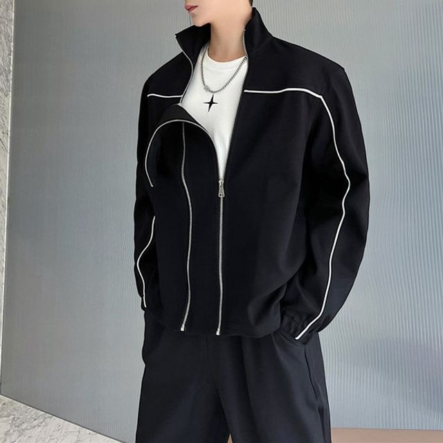 ravewider-High-Neck Contrast Trim Zip-Up Jacket