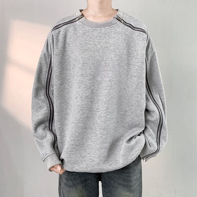 Trimecca-Crew Neck Plain Zipped Sweatshirt