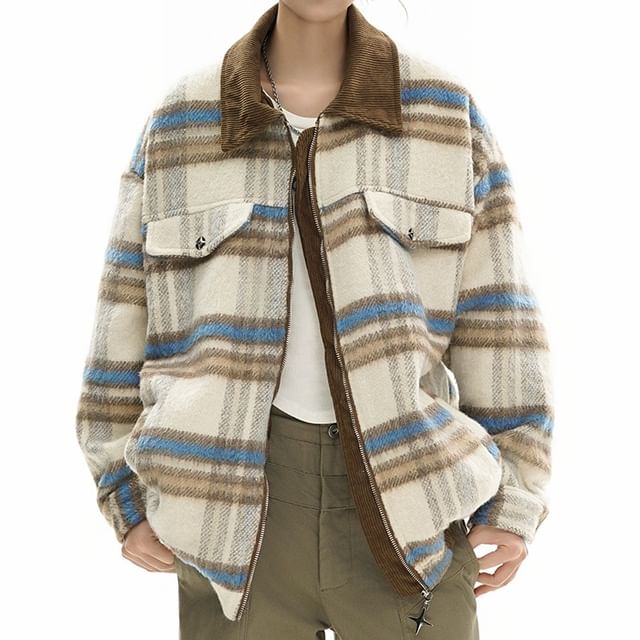 Chuoku-Collared Plaid Panel Zip Jacket