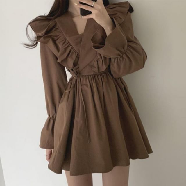 Sisyphi-Puff-Sleeve V-Neck Plain Ruffle Mini A-Line Dress