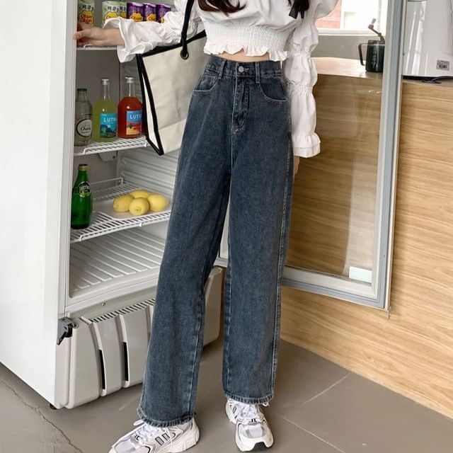 Sisyphi-High Waist Washed Straight Leg Jeans