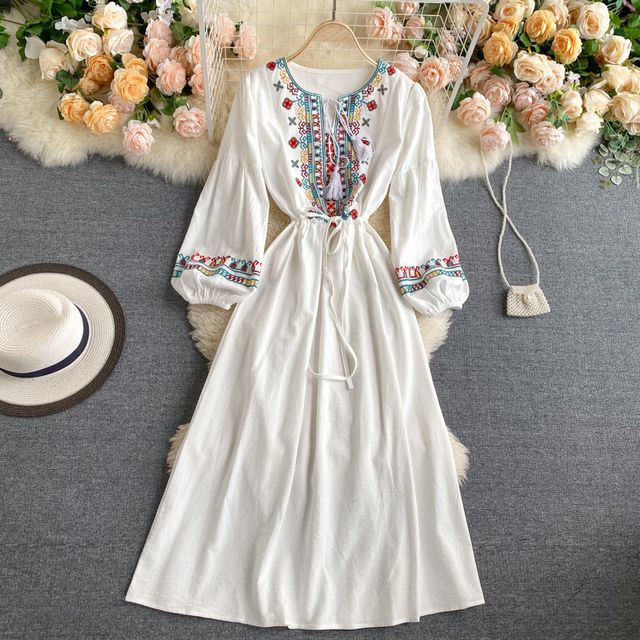 embroidered long sleeve midi dress Blue Flowing Beauty Embroidered Long Sleeve Midi Dress – FARM Rio