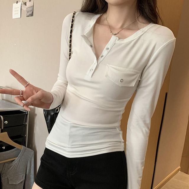 Asiris-Long Sleeve Half Button Plain Slim-Fit Tee